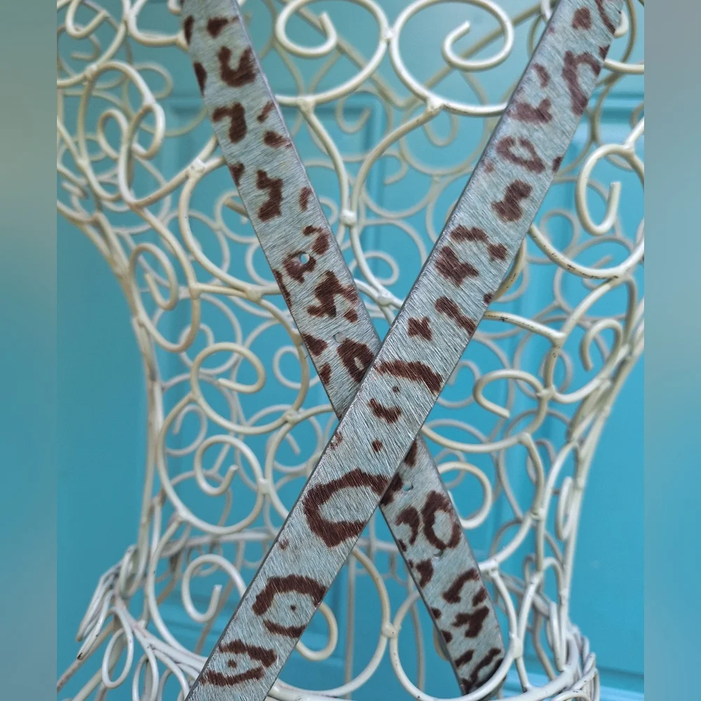 Genuine Leather Belt TEAL Leopard Animal Print Cow Fur Thin Womens